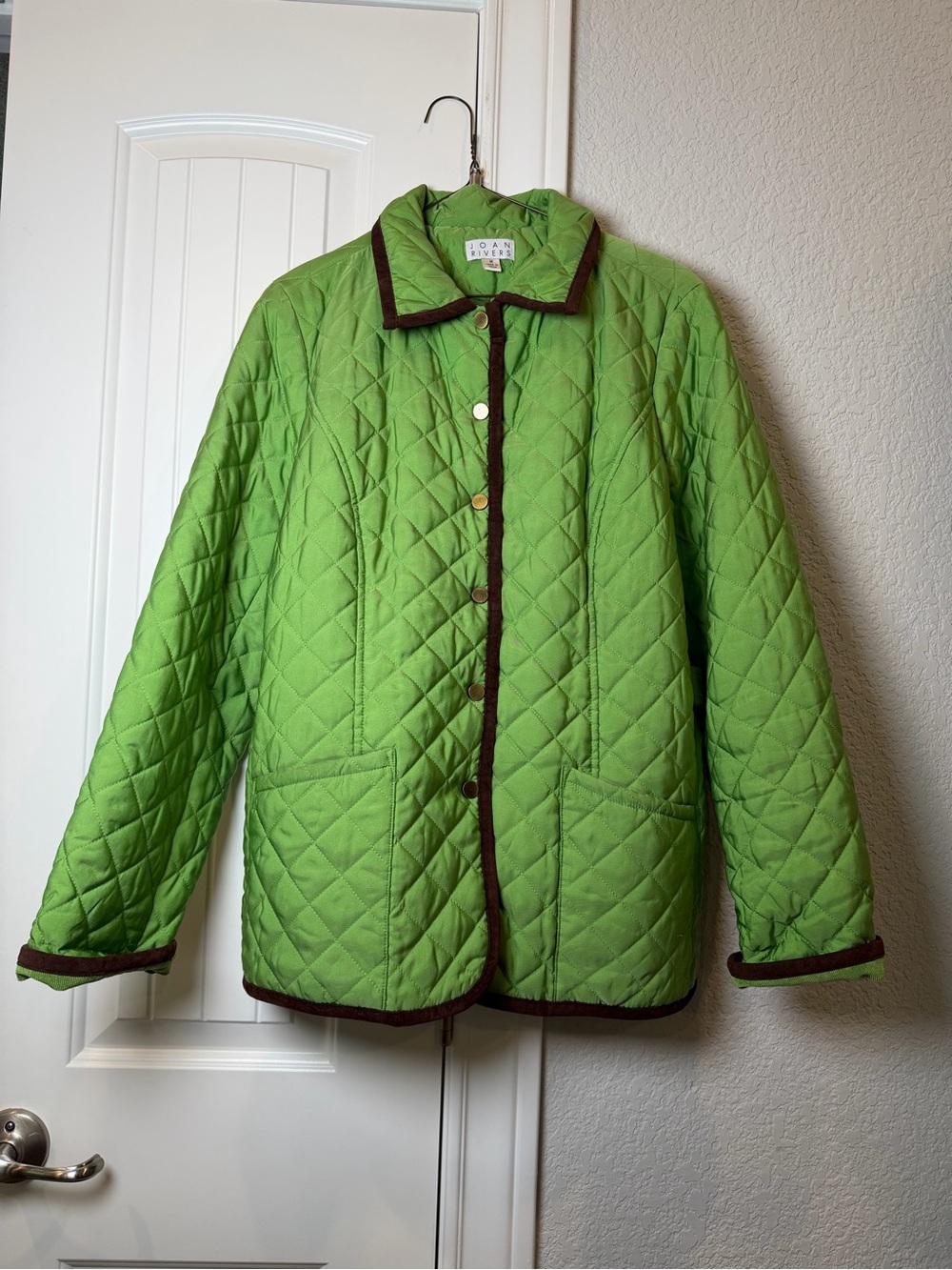 Joan Rivers Bright Green Quilted Puffer with Brown Trim